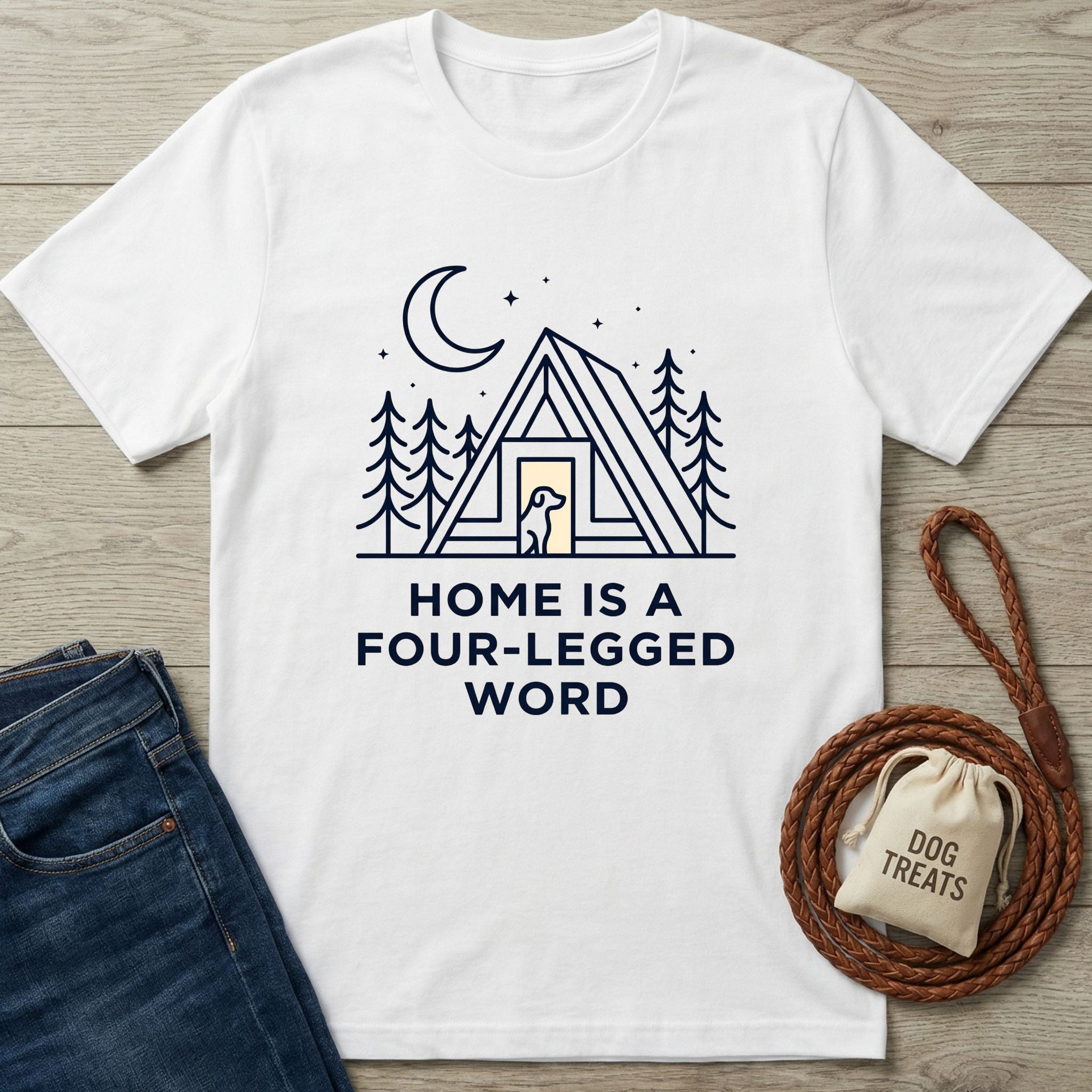 White Gildan Softstyle® t-shirt with "Home is a Four-Legged Word" graphic, featuring a dog in an A-frame cabin.