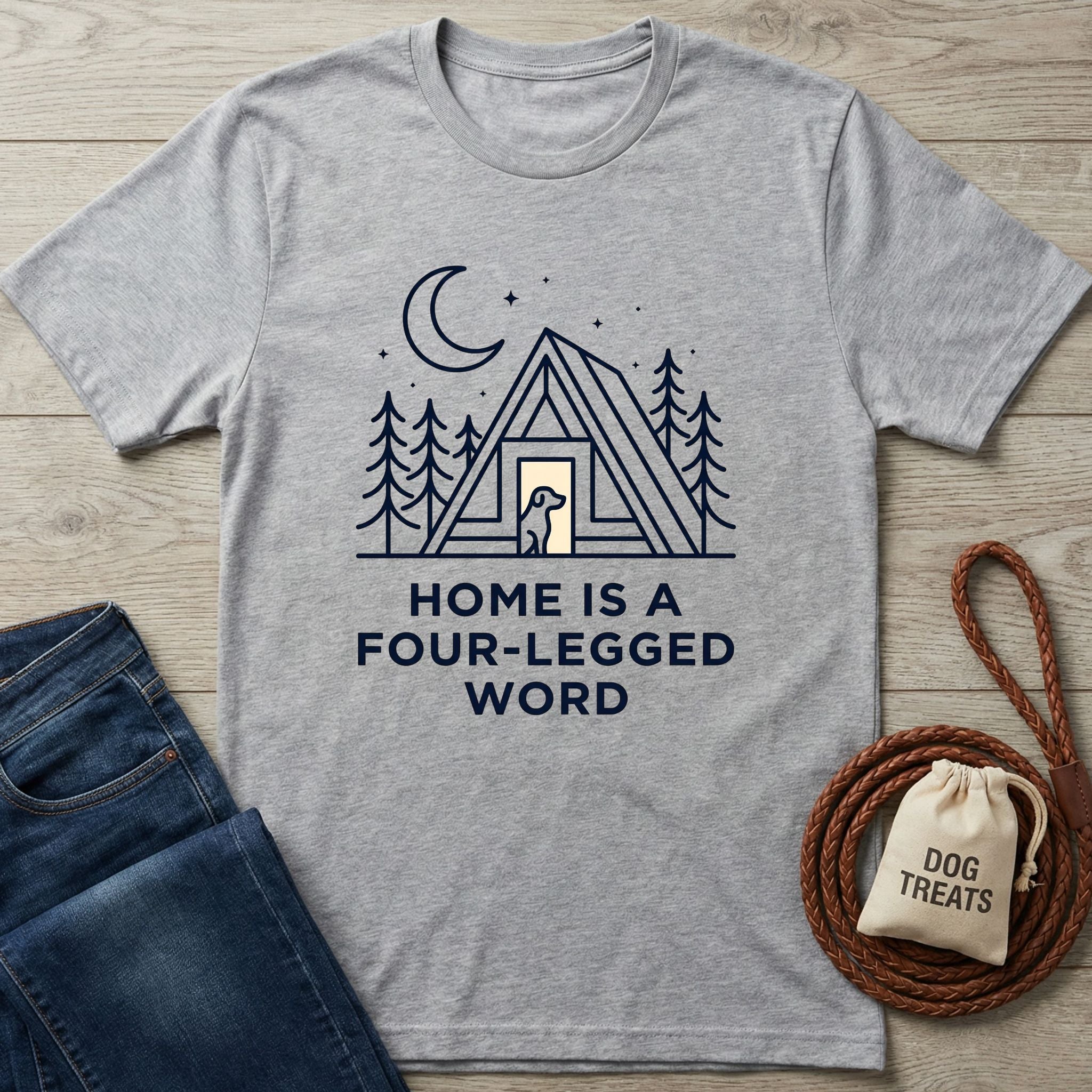 Light grey Gildan Softstyle® t-shirt with "Home is a Four-Legged Word" graphic, featuring a dog in an A-frame cabin.