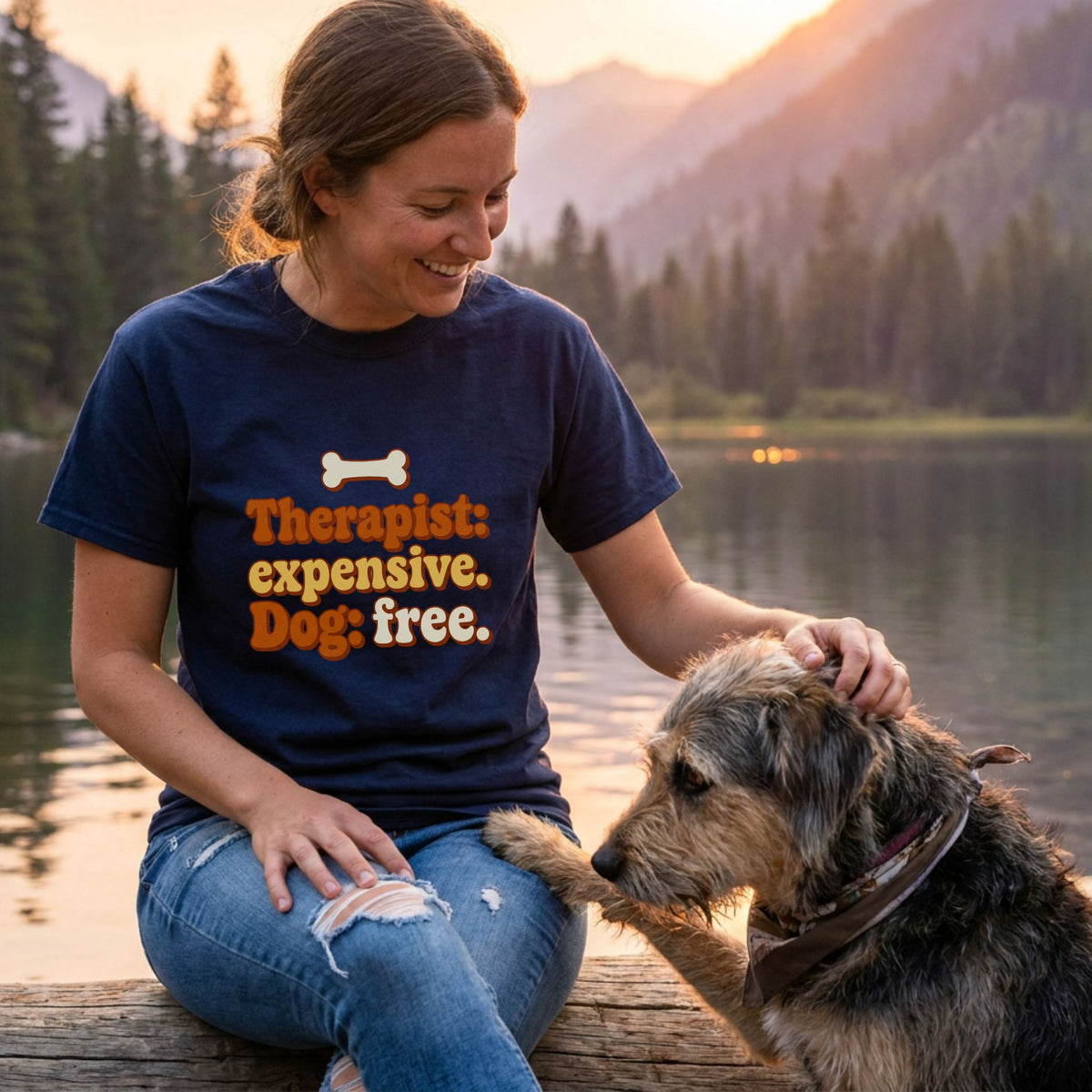 Woman in navy "Therapist: expensive. Dog: free." t-shirt petting a dog by a lake at sunset.