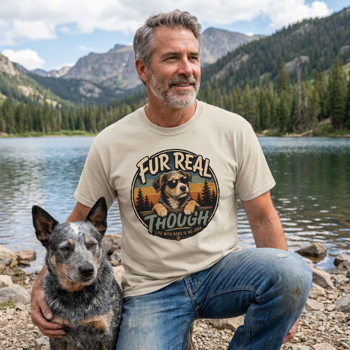 Beige crewneck t-shirt featuring a retro graphic of a dog in sunglasses with the text Fur Real Though by a mountain lake.