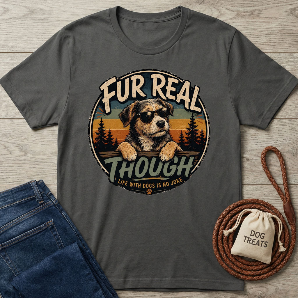 Charcoal gray crewneck t-shirt featuring a retro dog graphic with sunglasses and the text Fur Real Though.