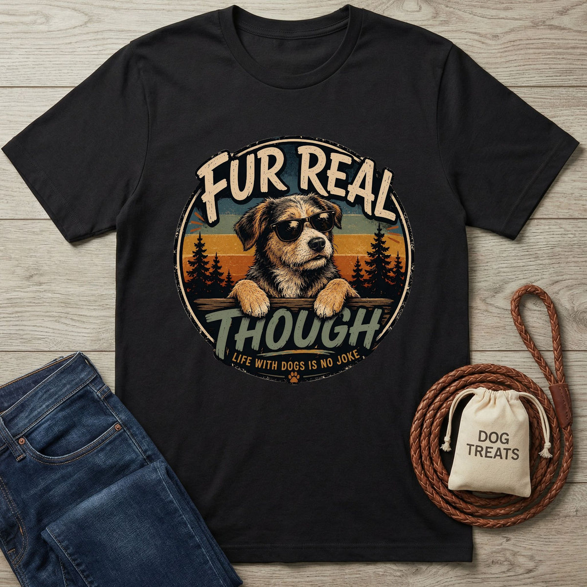 Black cotton t-shirt featuring a retro graphic of a dog in sunglasses with the text Fur Real Though on a wooden background.