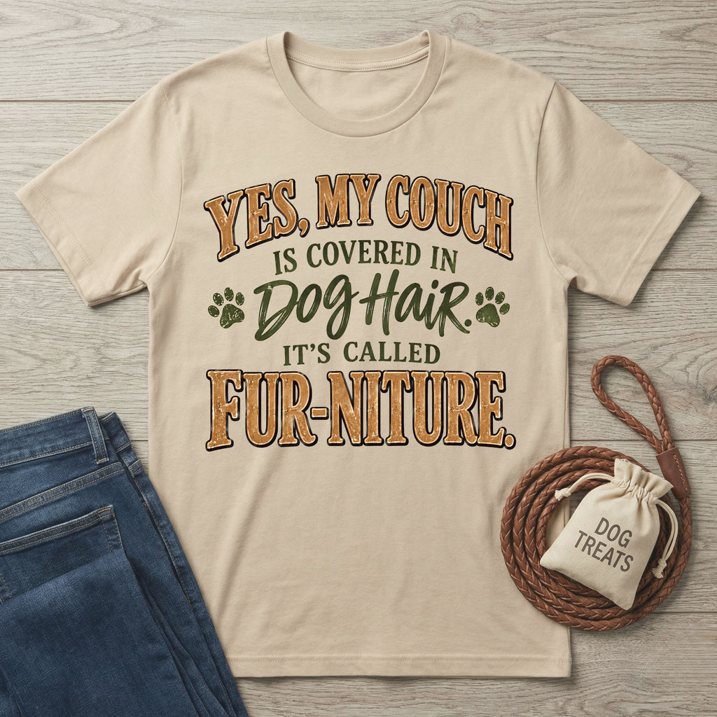 Beige crewneck T-shirt with vintage-style text reading Yes, My Couch Is Covered In Dog Hair, It's Called Fur-niture.