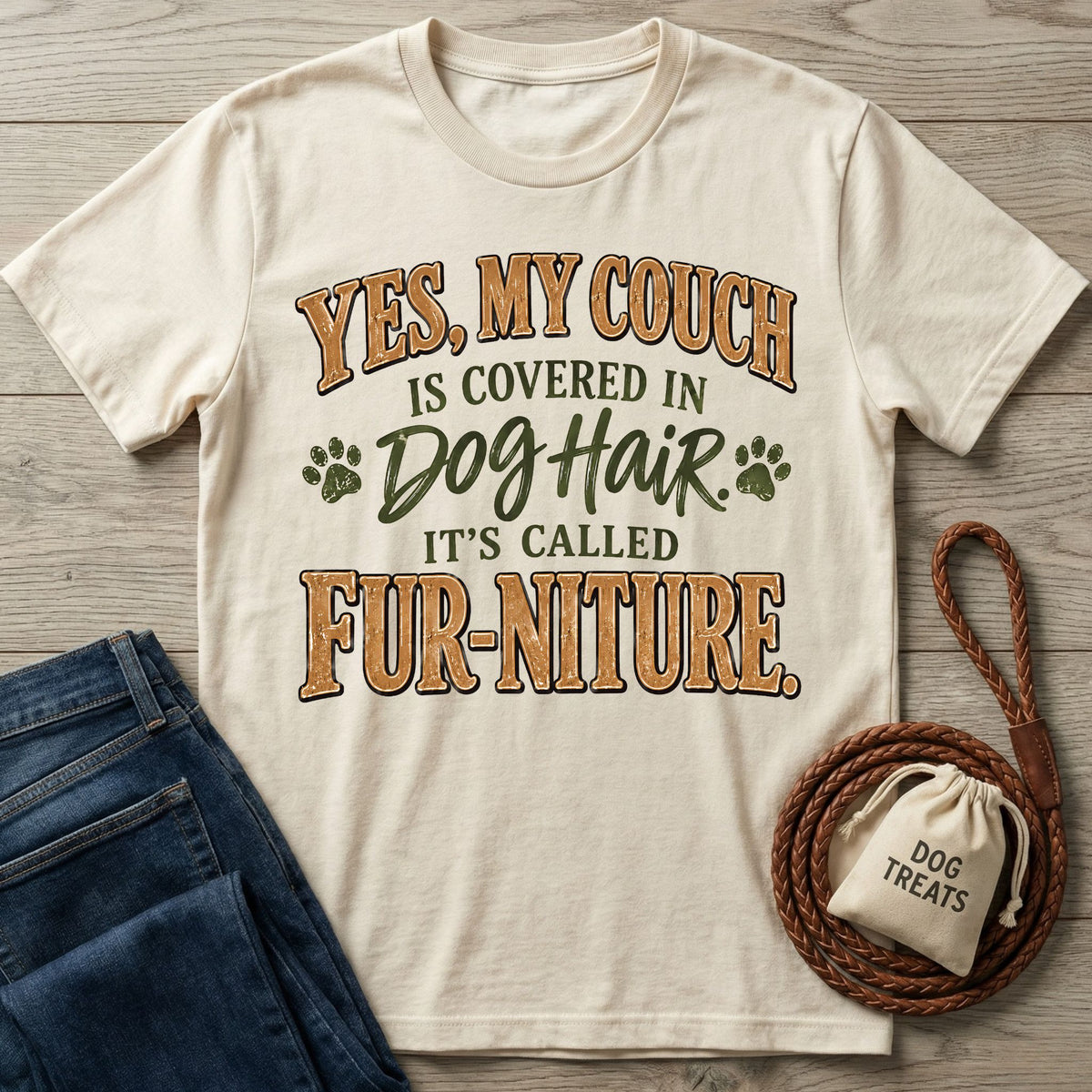 Cream-colored graphic T-shirt with the text Yes, My Couch Is Covered In Dog Hair, It's Called Fur-niture on a wooden background.