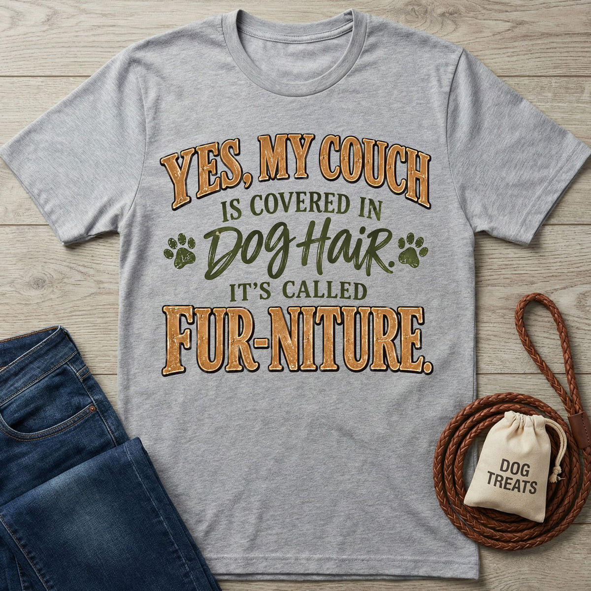 Grey crewneck T-shirt with brown and green text reading Yes, My Couch Is Covered In Dog Hair, It's Called Fur-niture.