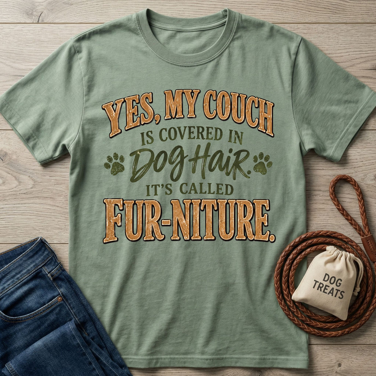 Sage green cotton graphic T-shirt with the text Yes, My Couch Is Covered In Dog Hair, It's Called Fur-niture.