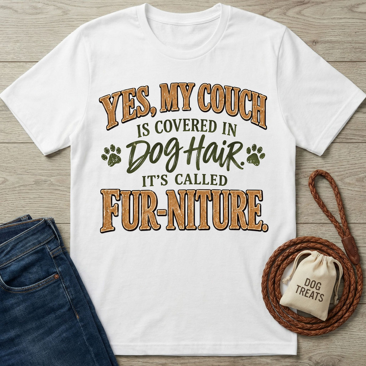 White graphic T-shirt with brown and green text reading Yes, My Couch Is Covered In Dog Hair, It's Called Fur-niture.