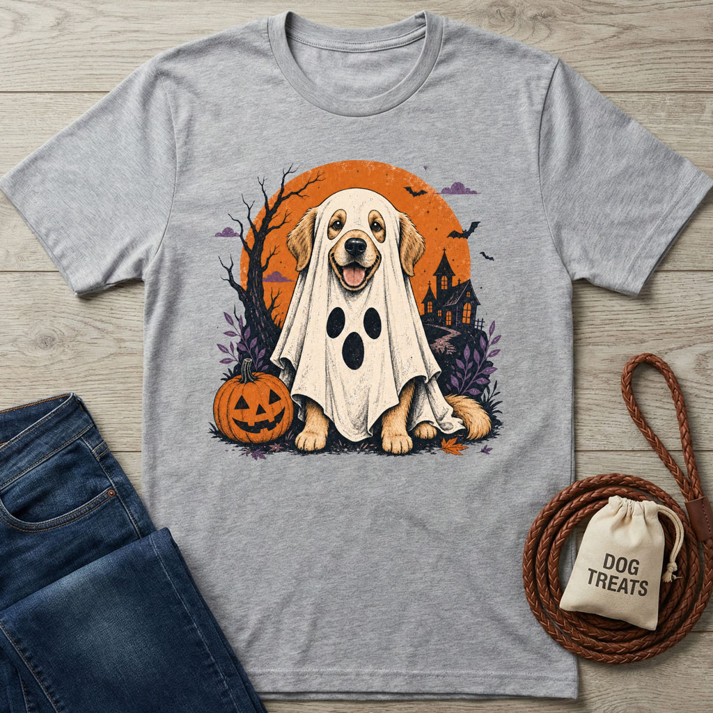 Grey t-shirt featuring a Golden Retriever in a ghost costume, a pumpkin, and a haunted house under a harvest moon.