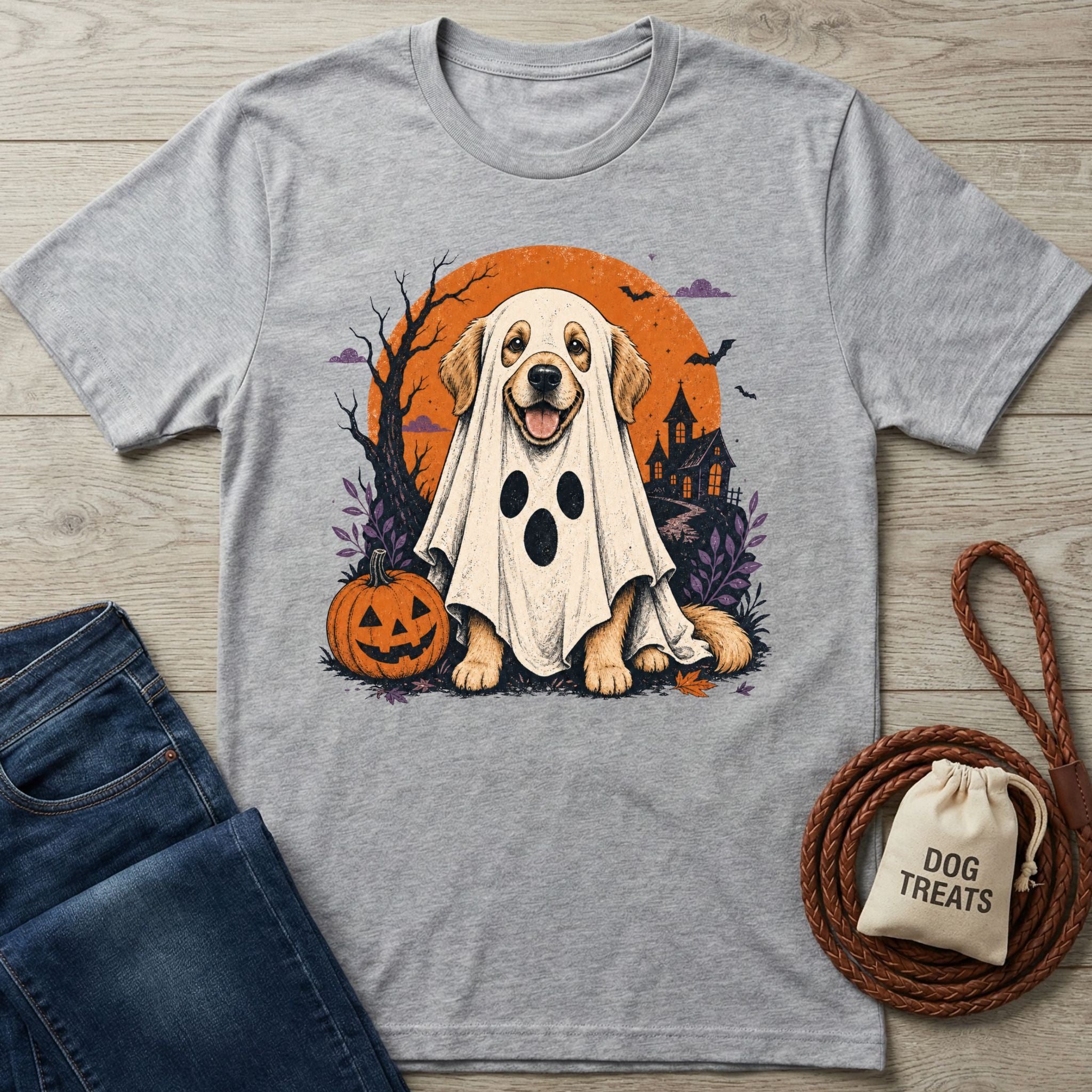 Grey t-shirt featuring a Golden Retriever in a ghost costume, a pumpkin, and a haunted house under a harvest moon.