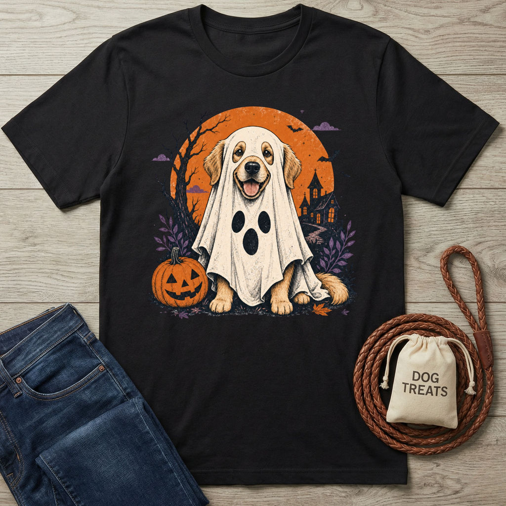 Black cotton t-shirt featuring a Golden Retriever in a ghost costume, pumpkin, and haunted house graphic design.