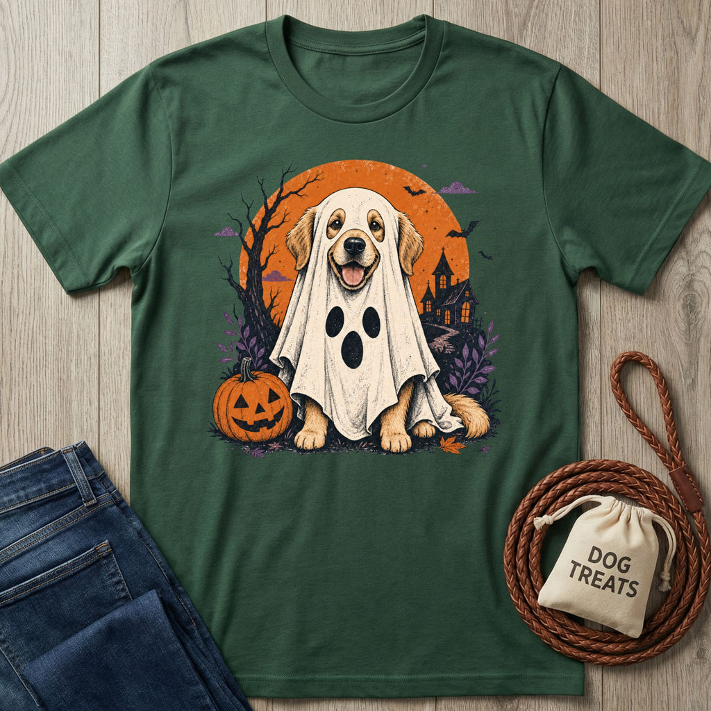 Forest green crewneck t-shirt featuring a Golden Retriever in a ghost costume, pumpkin, and haunted house graphic.