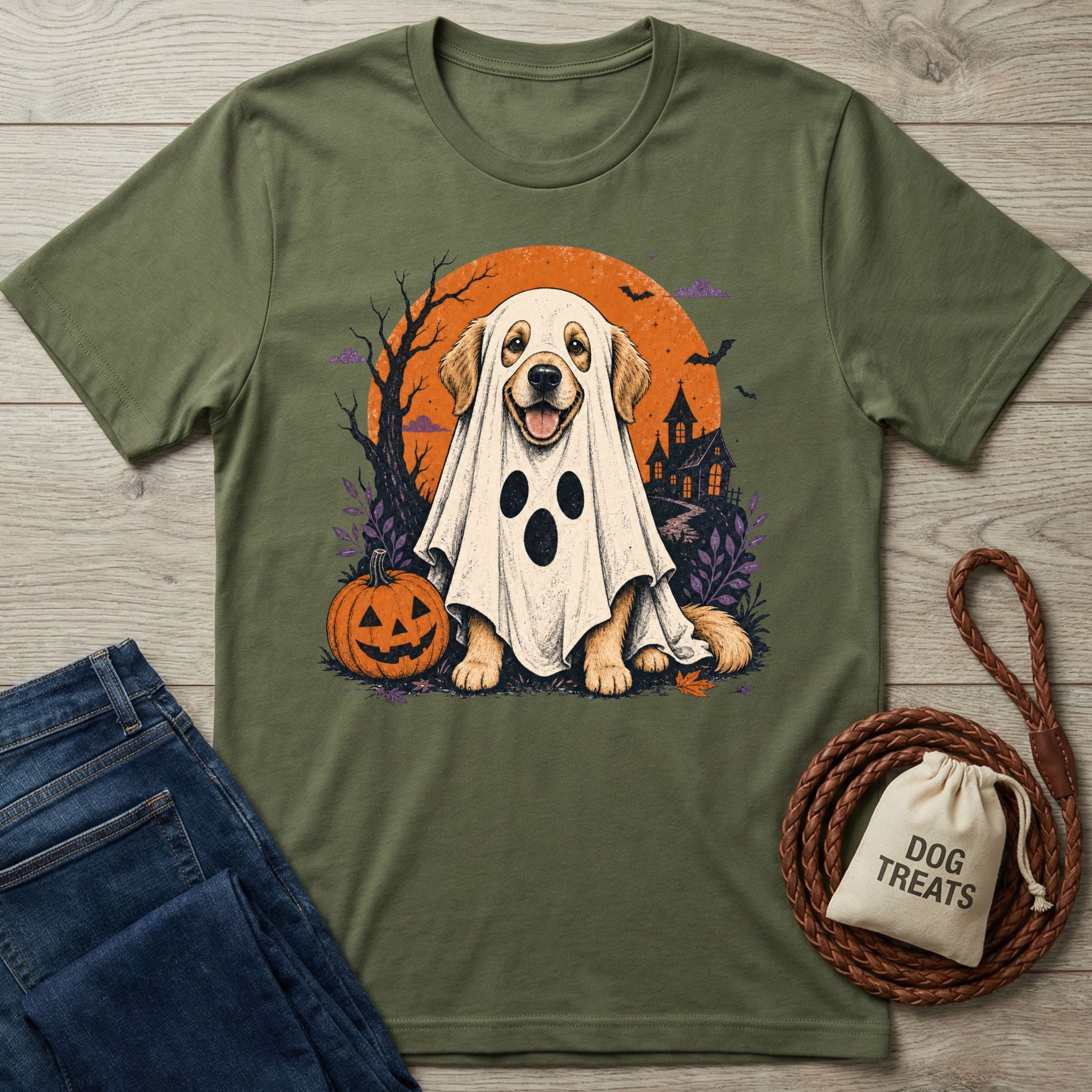 Olive green t-shirt featuring a Golden Retriever in a ghost costume, pumpkin, and haunted house Halloween graphic.