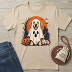 Beige cotton t-shirt featuring a Golden Retriever in a ghost costume, a pumpkin, and a haunted house graphic.