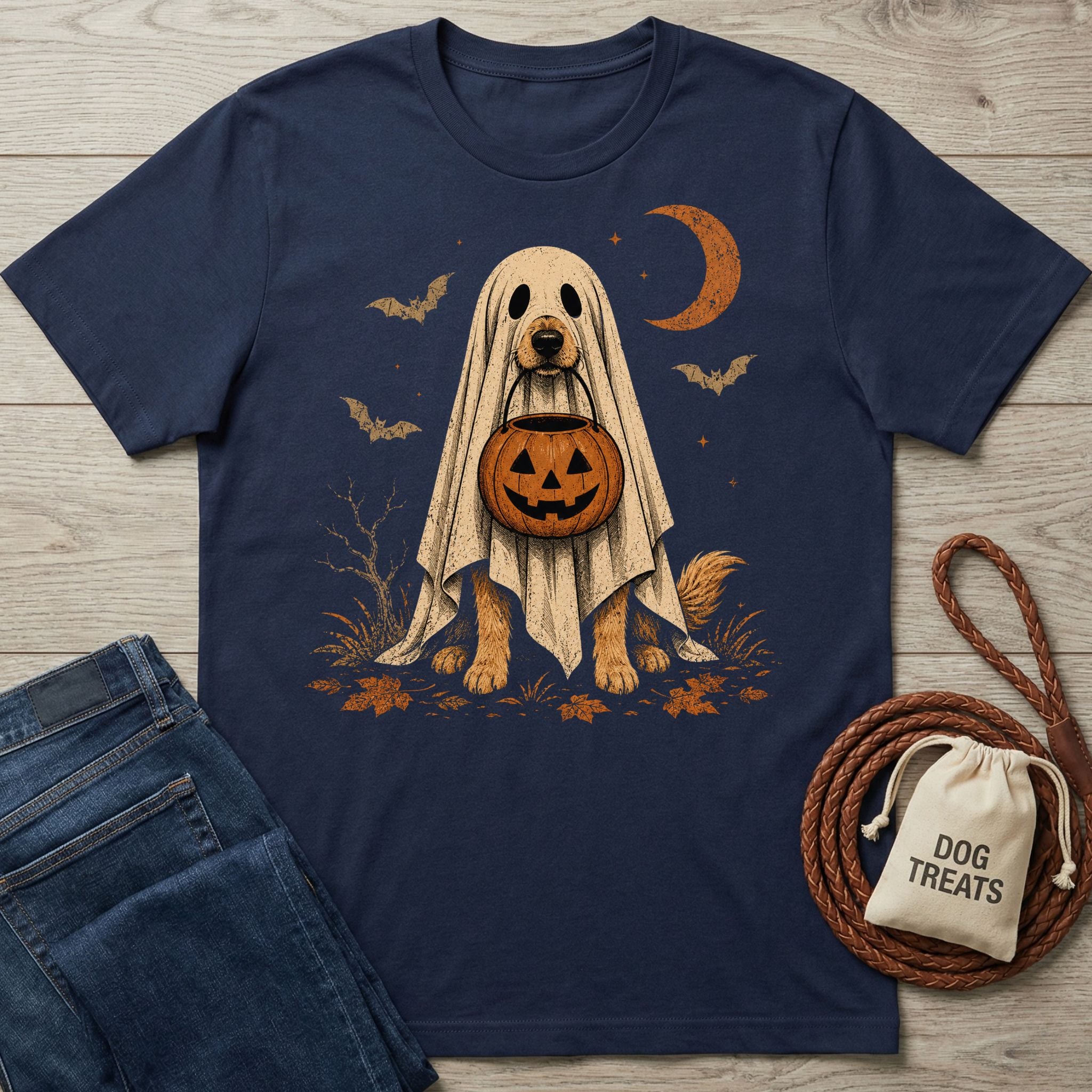 Navy blue cotton t-shirt featuring a dog in a ghost costume holding a jack-o'-lantern bucket under a crescent moon.