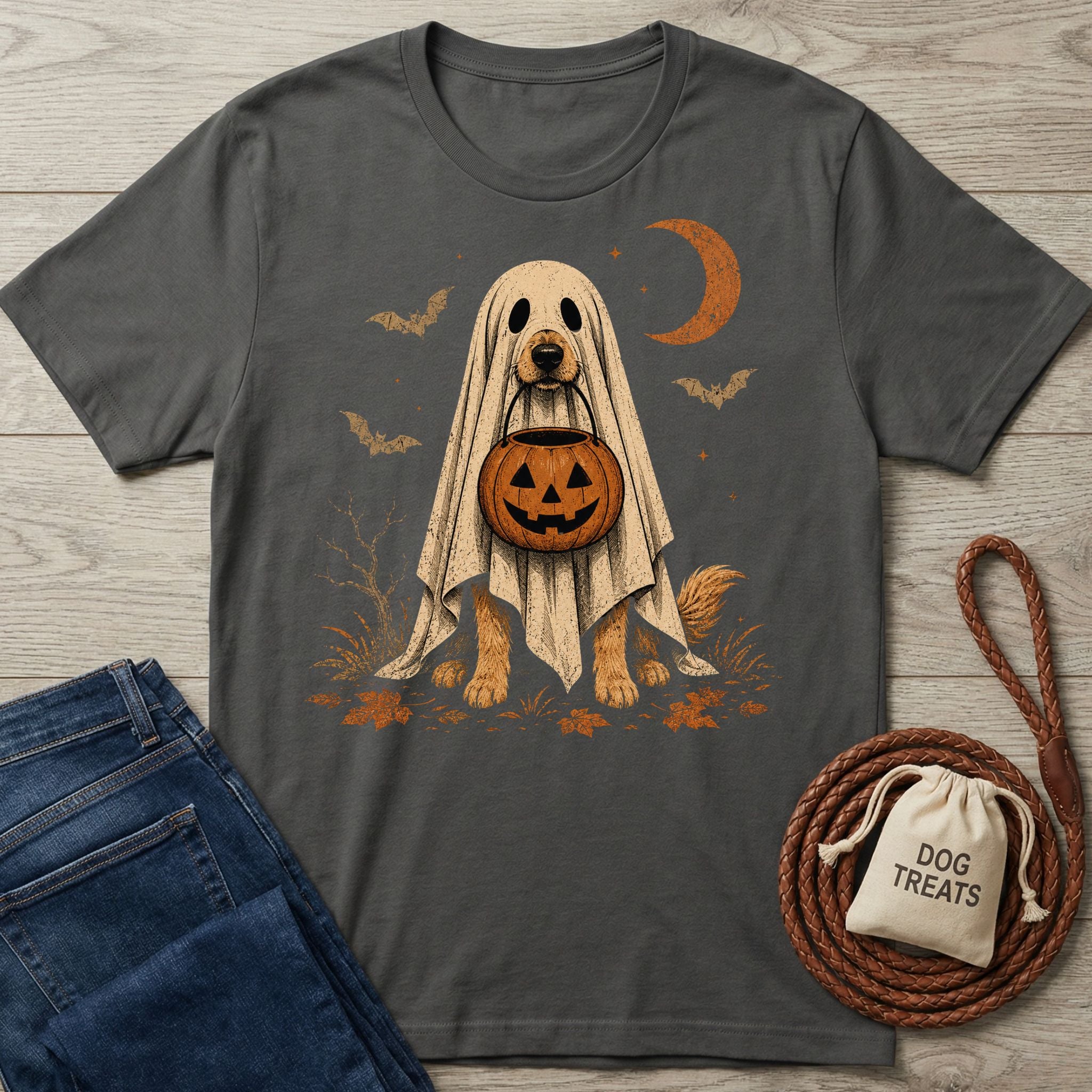 Charcoal gray cotton t-shirt featuring a dog in a ghost costume holding a pumpkin trick-or-treat bucket under a crescent moon.