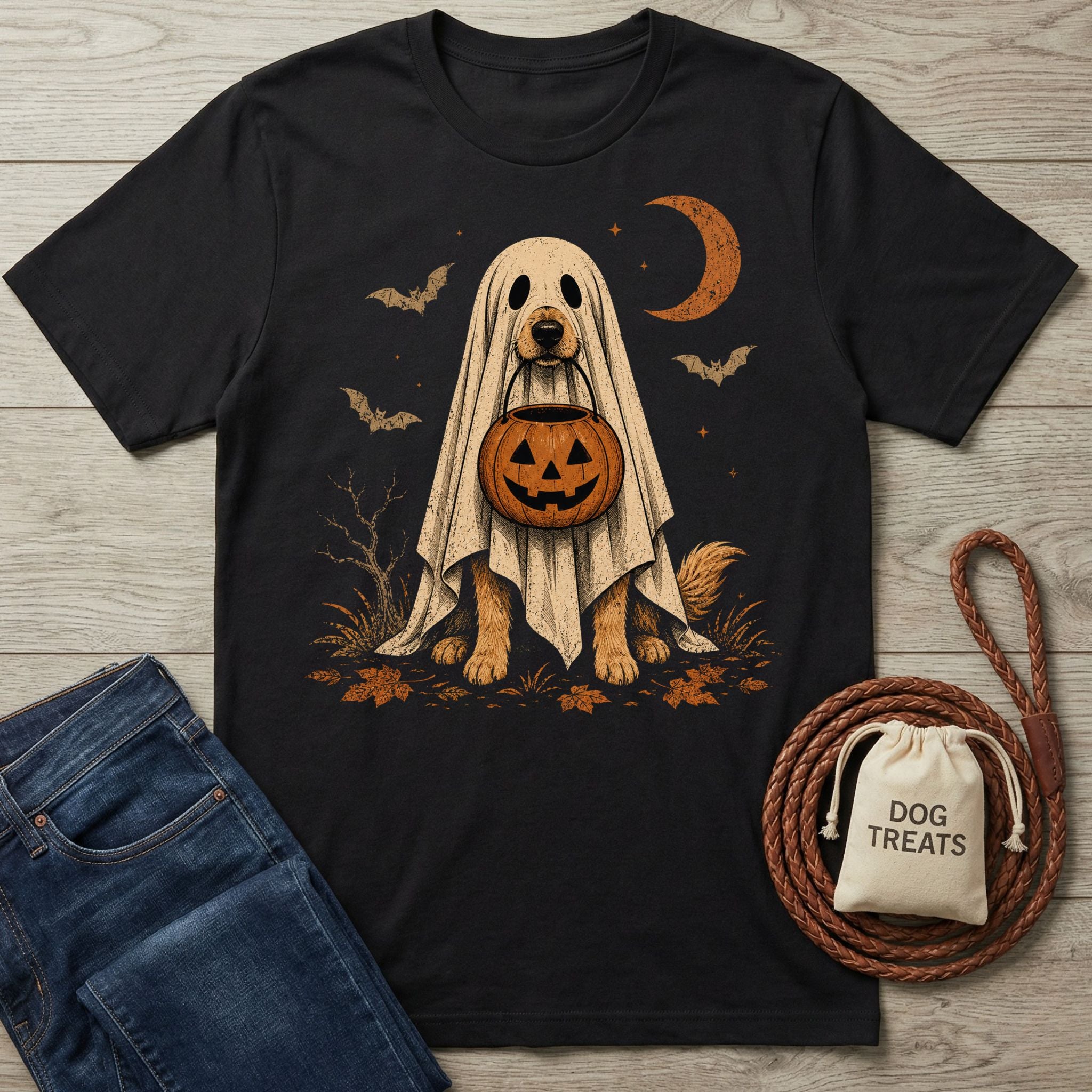 Black crewneck t-shirt featuring a dog in a ghost costume holding a pumpkin bucket under a crescent moon and bats.
