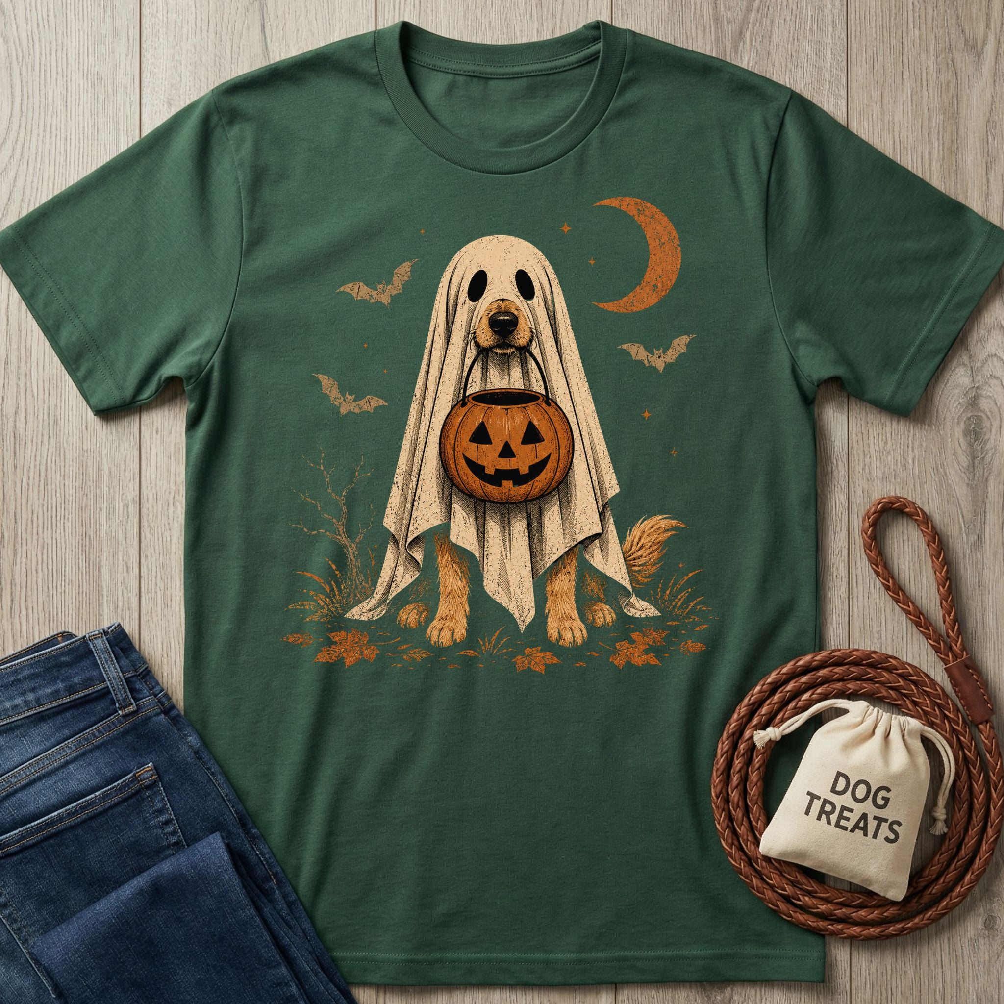 Forest green t-shirt featuring a dog in a ghost costume holding a jack-o'-lantern bucket under a crescent moon and bats.