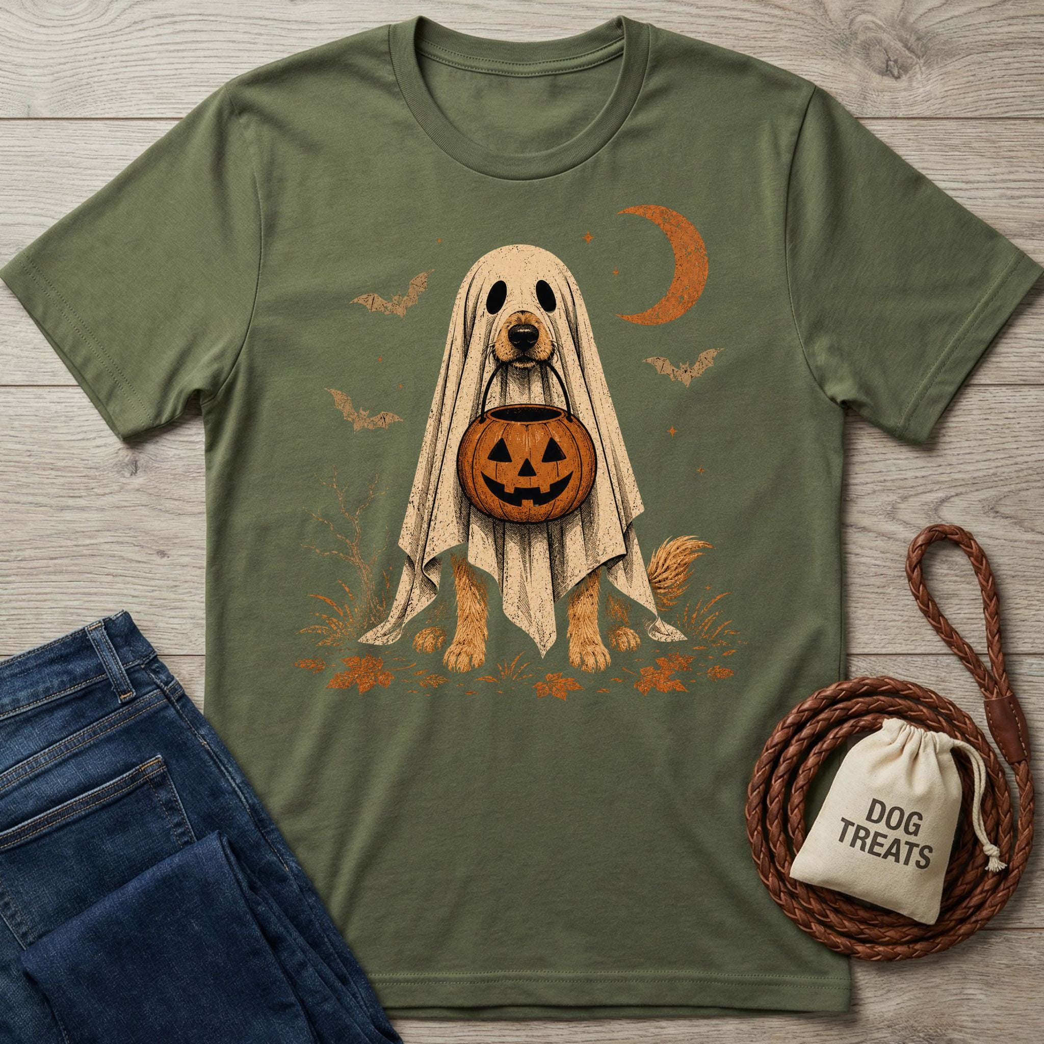 Olive green crewneck t-shirt featuring a dog in a ghost costume holding a pumpkin trick-or-treat bucket under a moon.