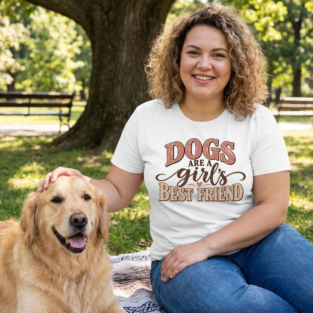 Woman wearing a white graphic t-shirt with retro Dogs Are A Girl's Best Friend text while petting a golden retriever.