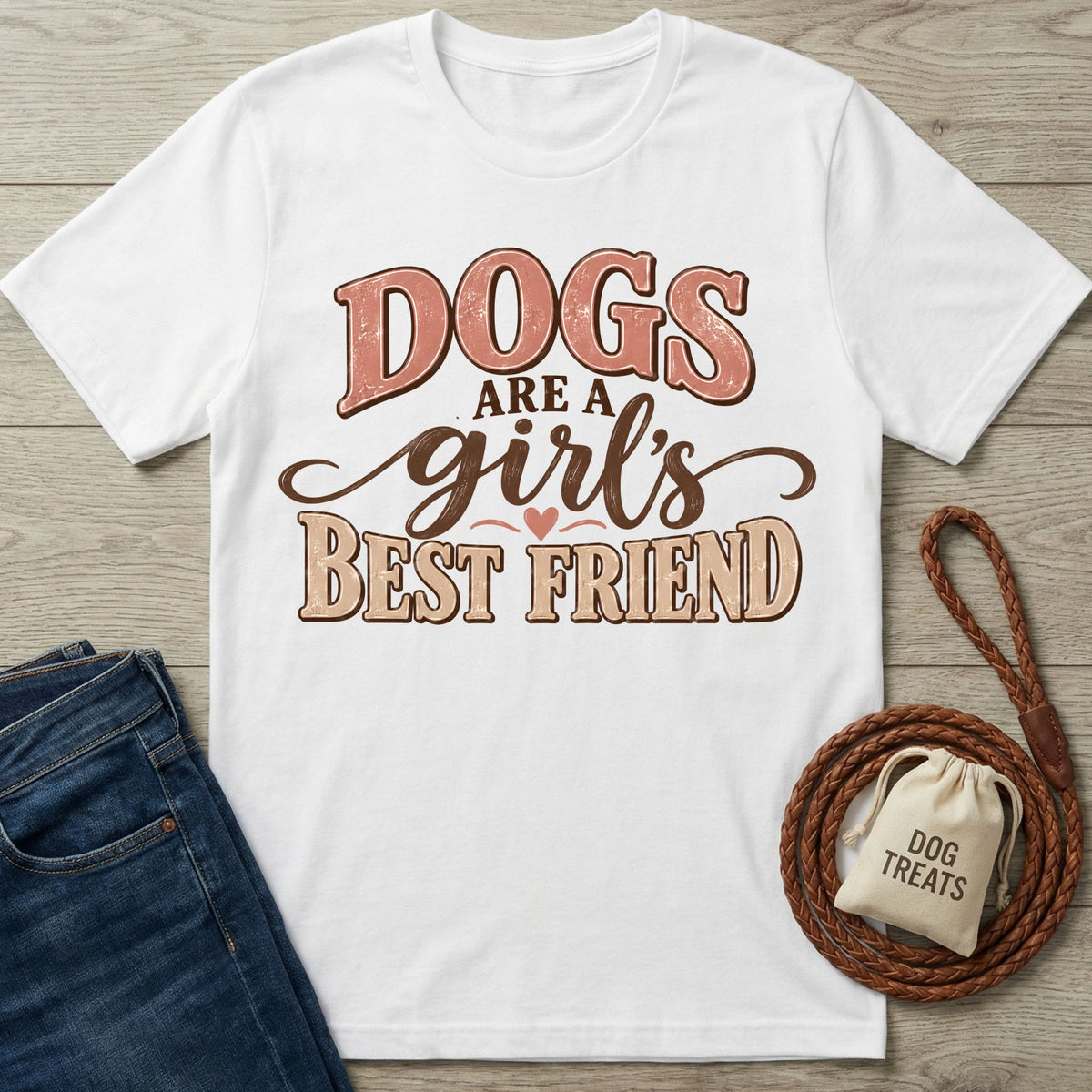 White crew neck T-shirt with retro Dogs Are A Girl's Best Friend graphic, styled with jeans and a dog treat bag.