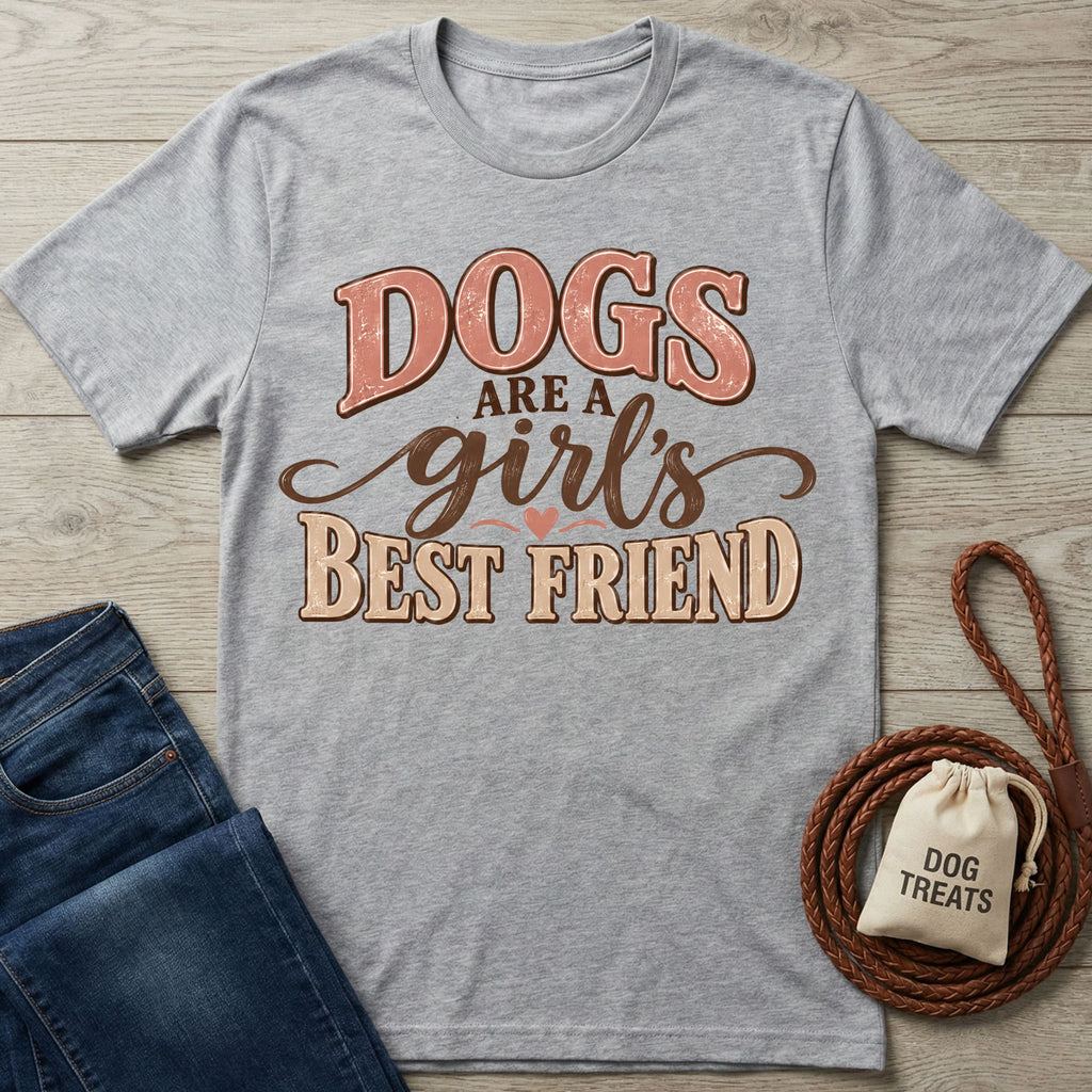Grey crewneck t-shirt with retro Dogs Are A Girl's Best Friend graphic, styled with blue jeans and a dog treat bag.