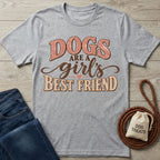 Grey crewneck t-shirt with retro Dogs Are A Girl's Best Friend graphic, styled with blue jeans and a dog treat bag.