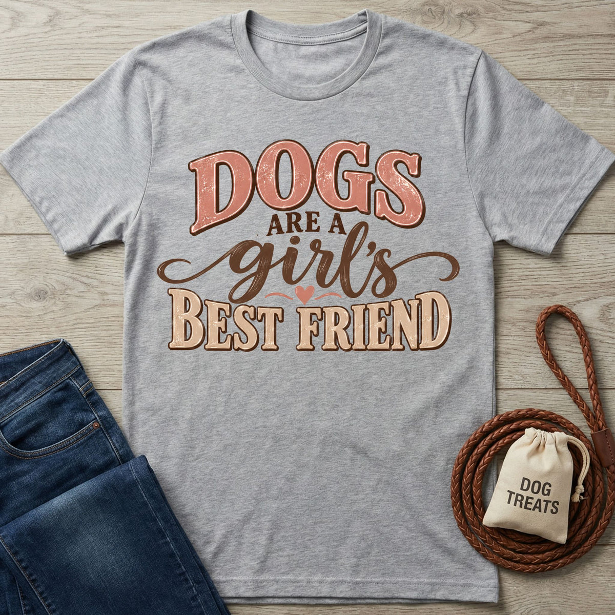 Grey crewneck t-shirt with retro Dogs Are A Girl's Best Friend graphic, styled with blue jeans and a dog treat bag.