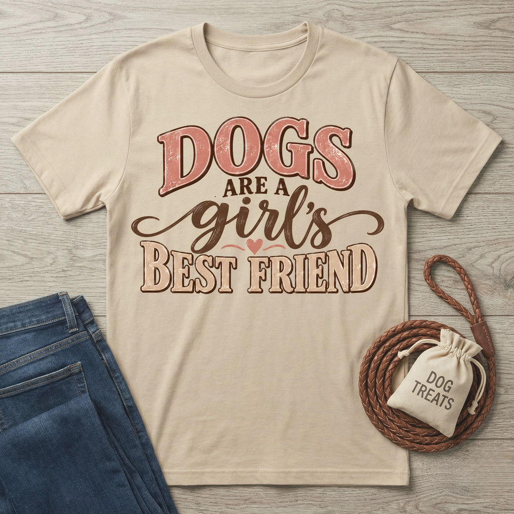 Beige crewneck T-shirt with retro "Dogs Are A Girl's Best Friend" graphic print, displayed with jeans and a dog treat bag.