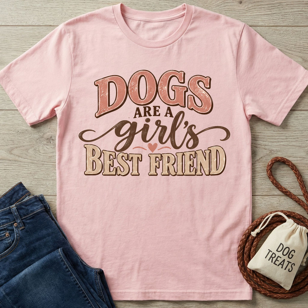Light pink crew neck T-shirt with retro brown text reading Dogs Are A Girl's Best Friend, laid on a wooden surface.