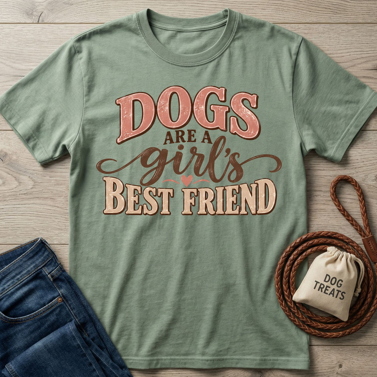 Sage green crewneck t-shirt with retro Dogs Are A Girl's Best Friend graphic text, laid flat with jeans and a dog leash.