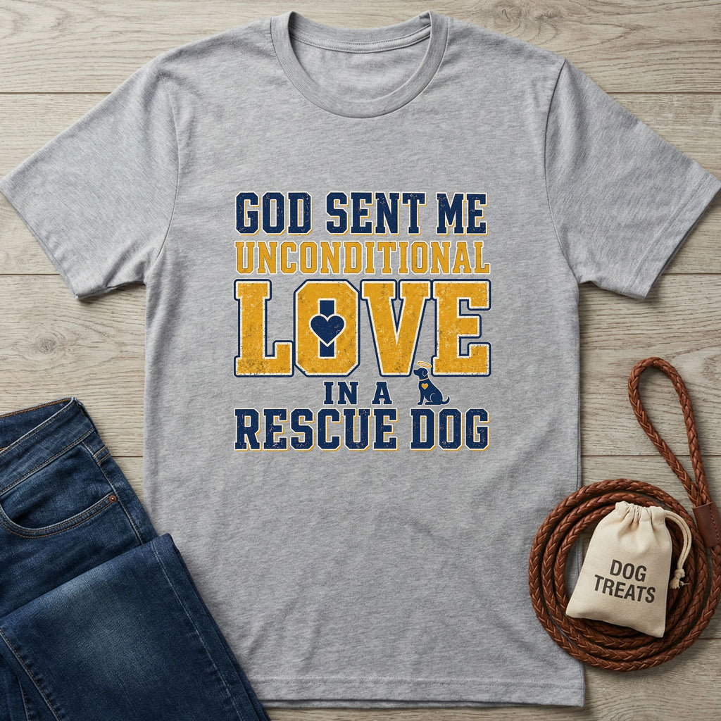 Light grey Gildan Softstyle t-shirt with "God Sent Me Unconditional Love In A Rescue Dog" text and dog graphic.
