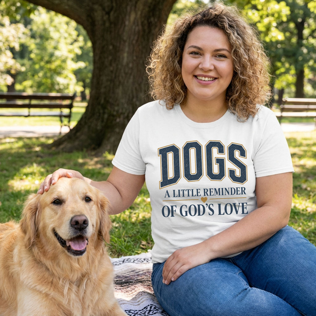 Woman wearing a white crewneck t-shirt with the text Dogs A Little Reminder Of God's Love, sitting with a golden retriever.