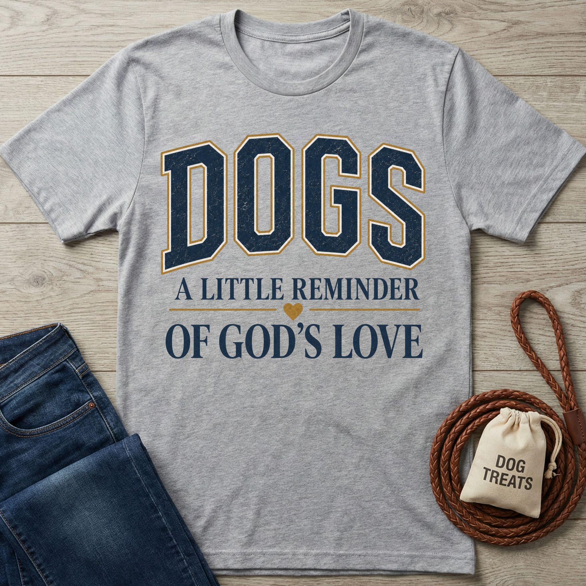 Grey crewneck t-shirt featuring the text DOGS A LITTLE REMINDER OF GOD'S LOVE in navy and gold on a wooden background.
