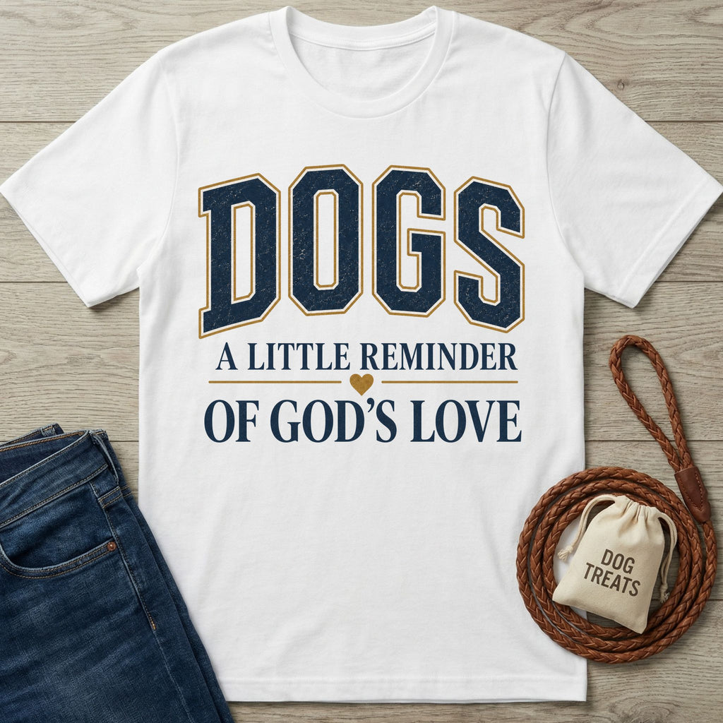 White crewneck t-shirt featuring navy and gold collegiate-style text reading Dogs: A Little Reminder of God's Love.
