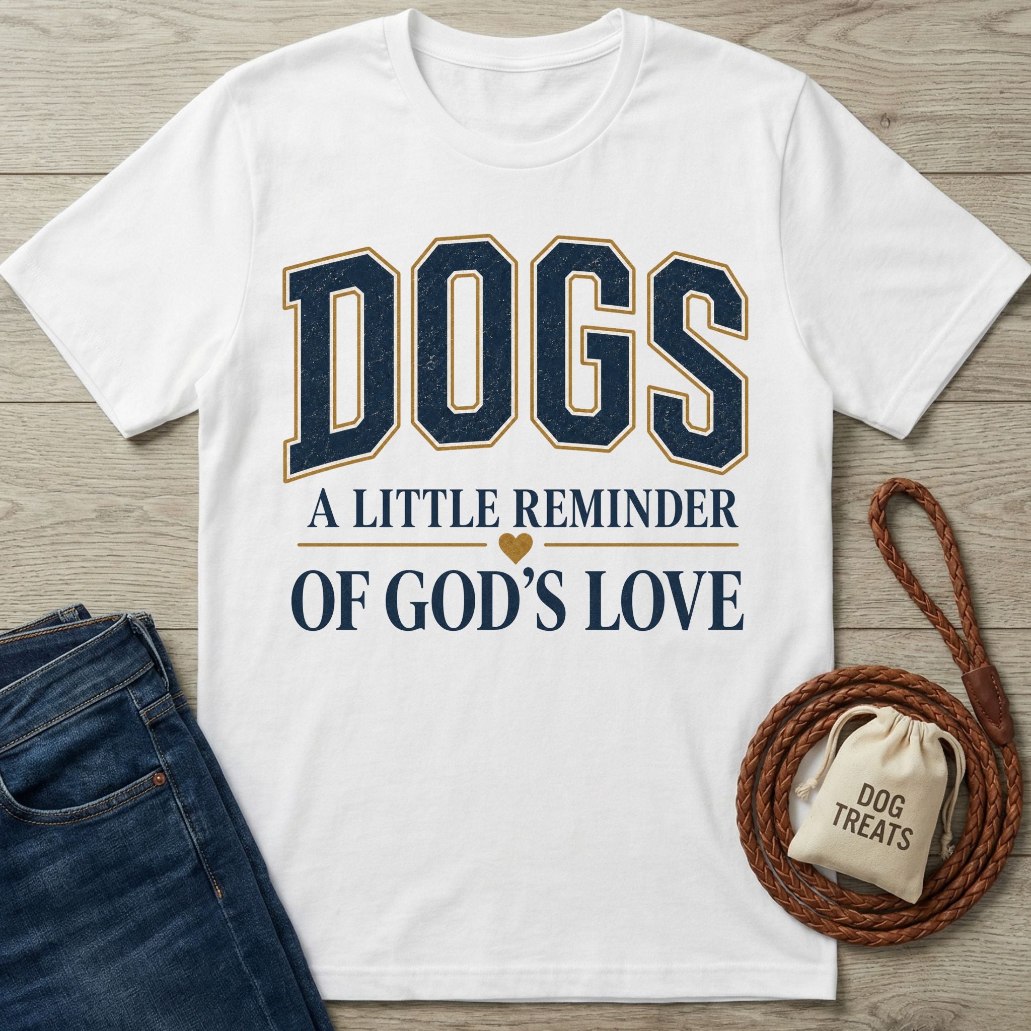 White crewneck t-shirt featuring navy and gold collegiate-style text reading Dogs: A Little Reminder of God's Love.