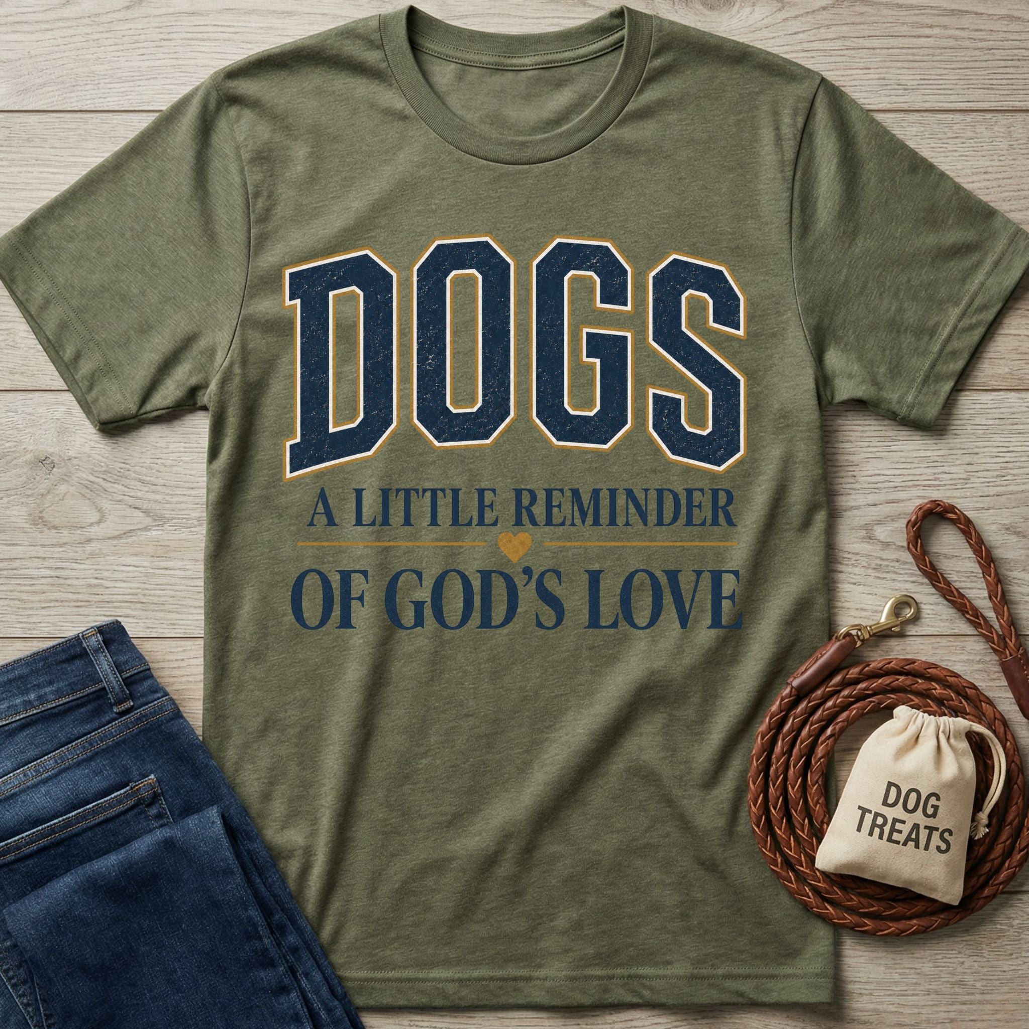 Olive green crewneck t-shirt featuring the text Dogs: A Little Reminder of God's Love with a small heart icon.