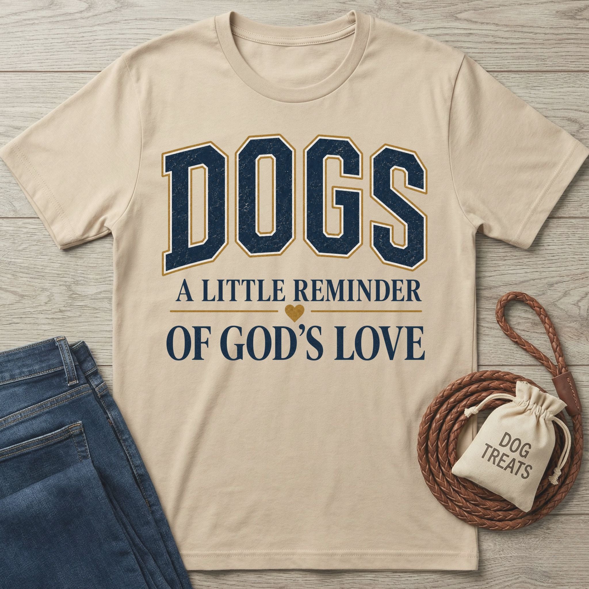 Beige crewneck t-shirt with navy blue collegiate text reading Dogs: A Little Reminder of God's Love, featuring a small heart.