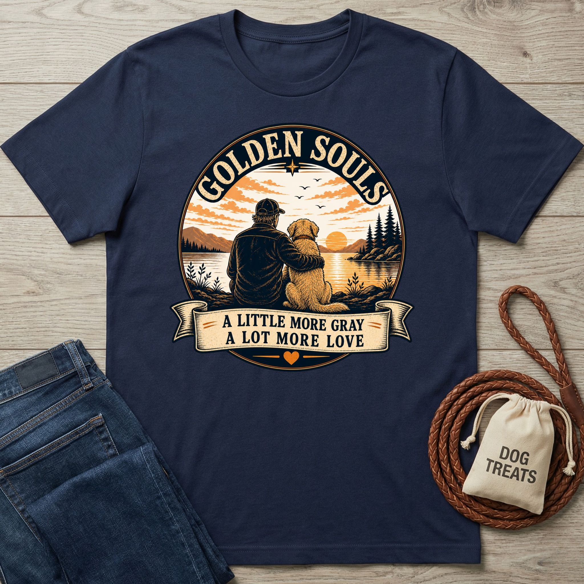 Navy blue Golden Souls t-shirt featuring a man and senior dog watching a sunset over a lake.