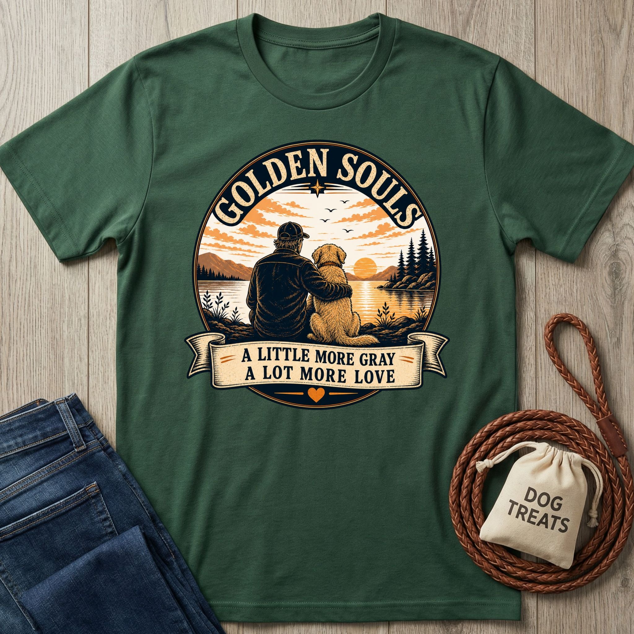 Dark green Golden Souls T-shirt with a graphic of a person and dog watching a sunset over a lake.