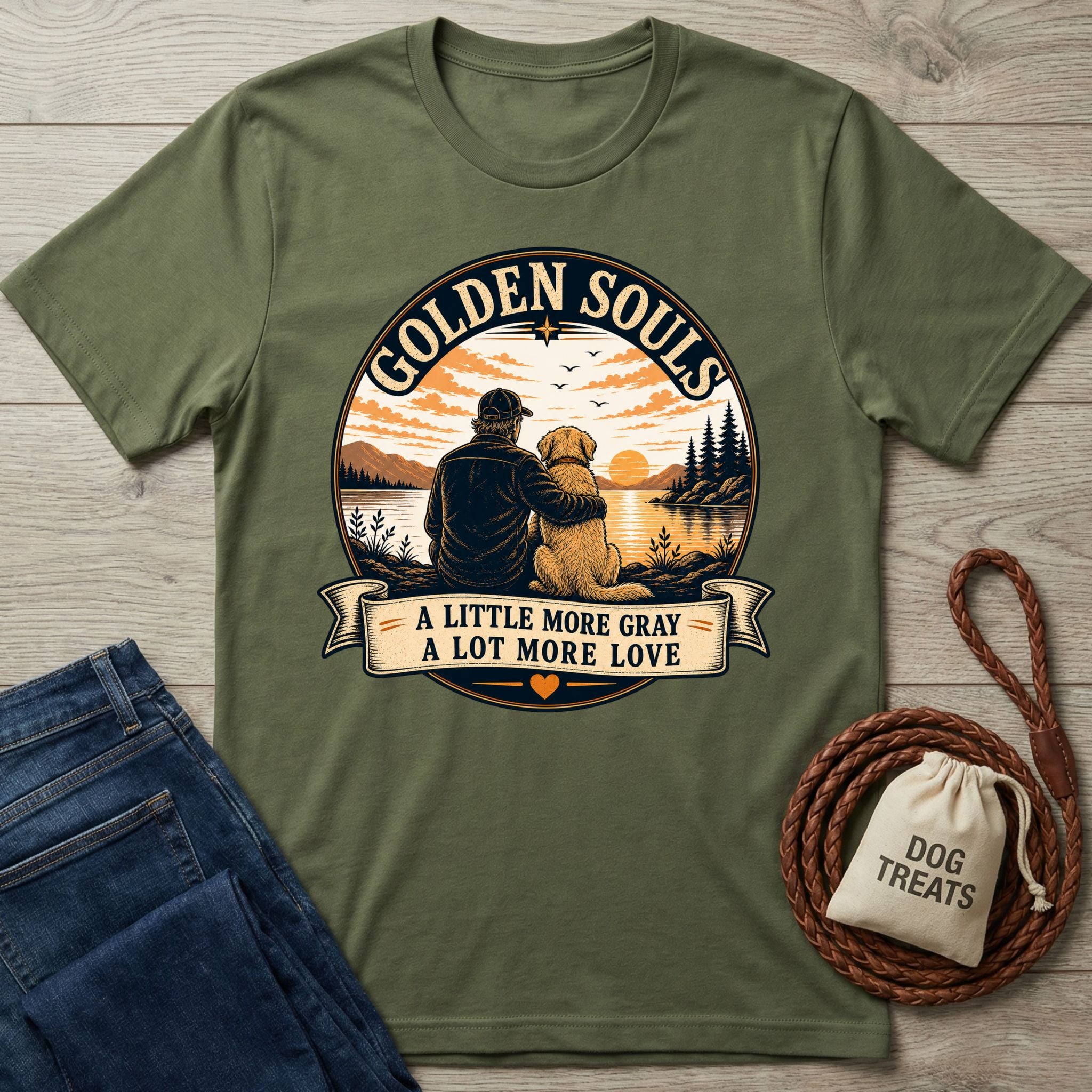Olive green Golden Souls T-shirt with a graphic of a person hugging a senior dog at sunset.