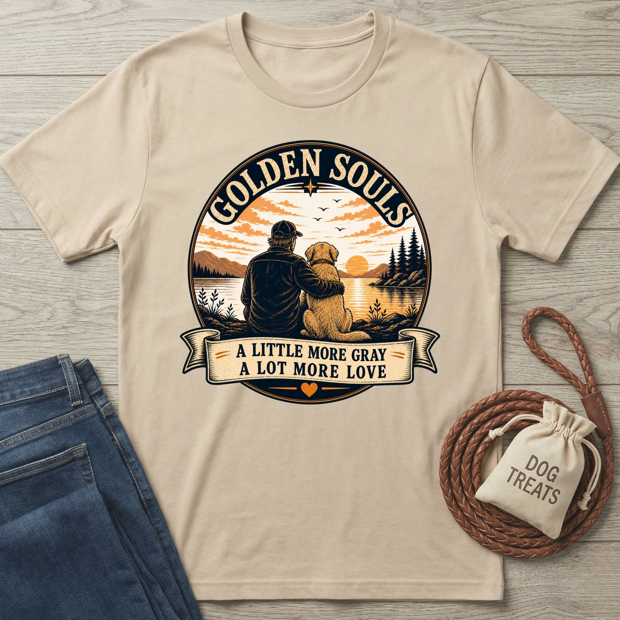 Golden Souls T-shirt: beige cotton tee with a graphic of a person and dog watching a sunset over a lake.