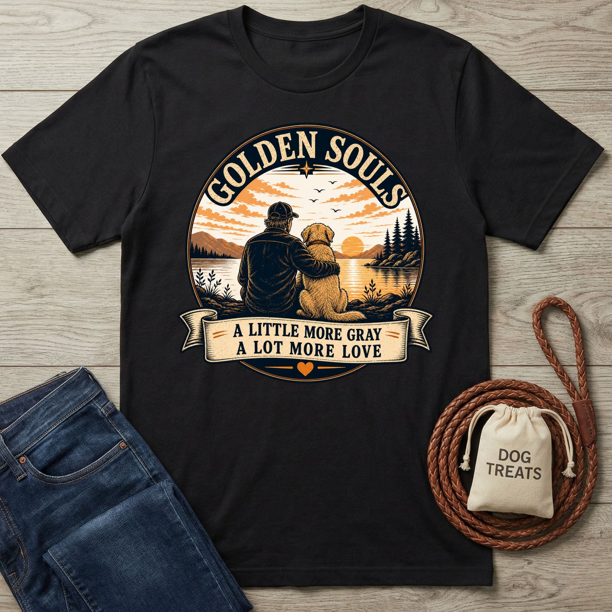 Black cotton t-shirt with "Golden Souls" sunset graphic of a person and senior dog by a lake.