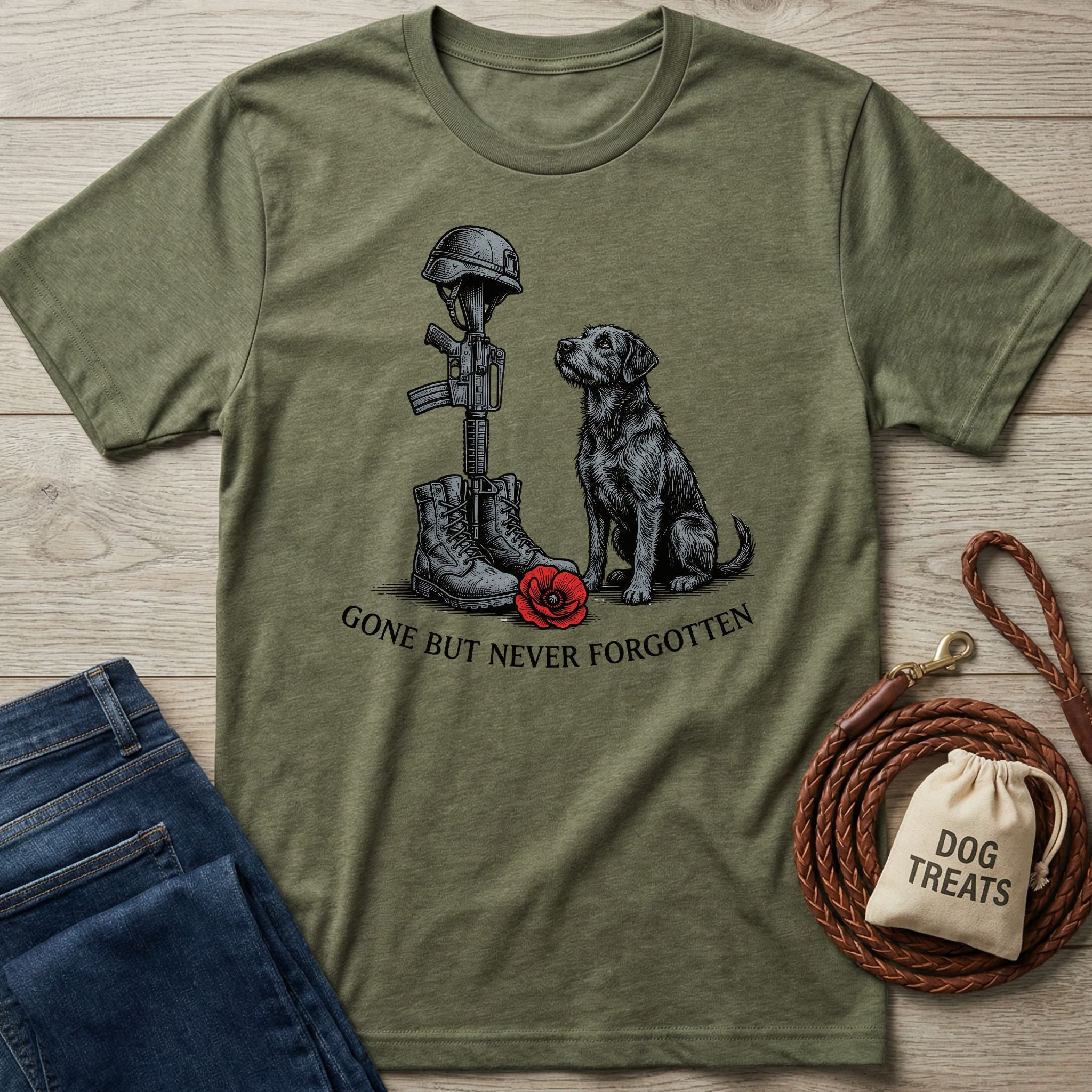 Olive green "Gone But Never Forgotten" t-shirt with a black dog, military boots, helmet, and poppy.