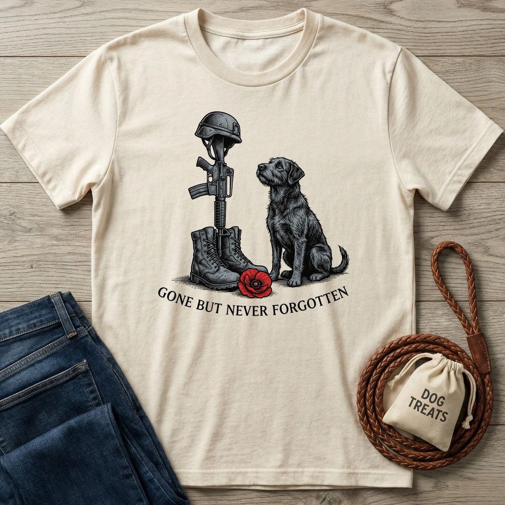 Cream Gildan Softstyle® t-shirt with a black dog, military boots, rifle, helmet, and red poppy graphic.