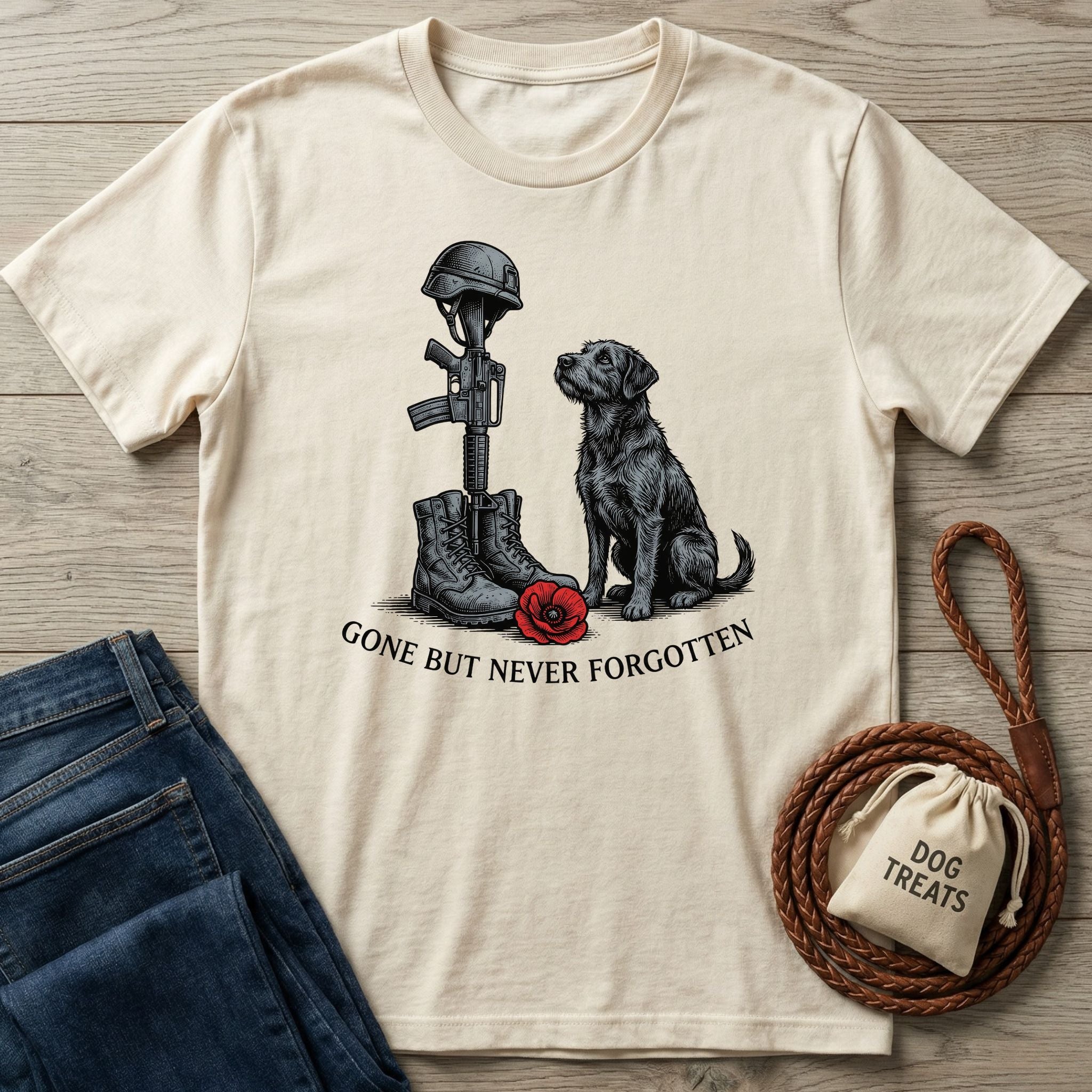 Cream Gildan Softstyle® t-shirt with a black dog, military boots, rifle, helmet, and red poppy graphic.
