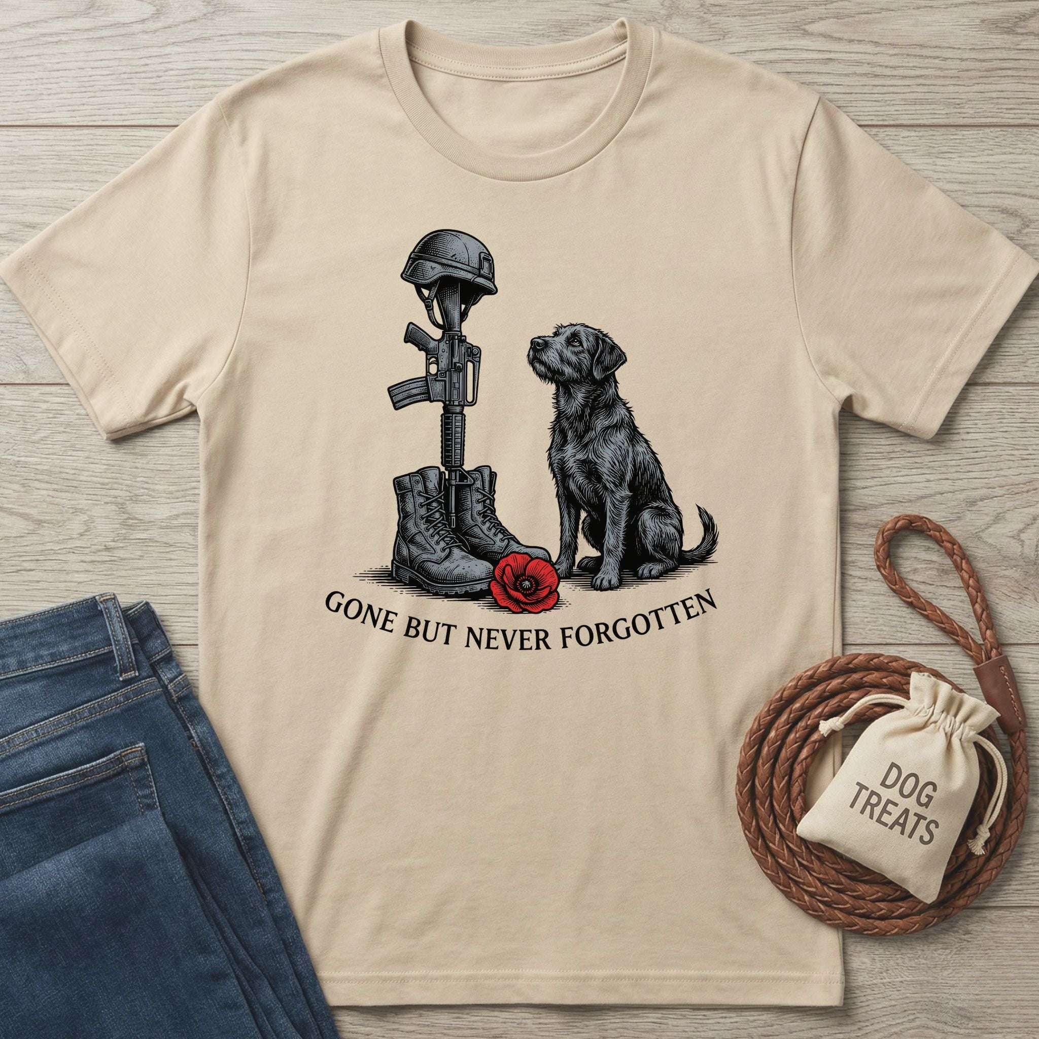 Tan Gildan Softstyle® 64000 t-shirt with "Gone But Never Forgotten" text, a black dog, and military boots/helmet graphic.