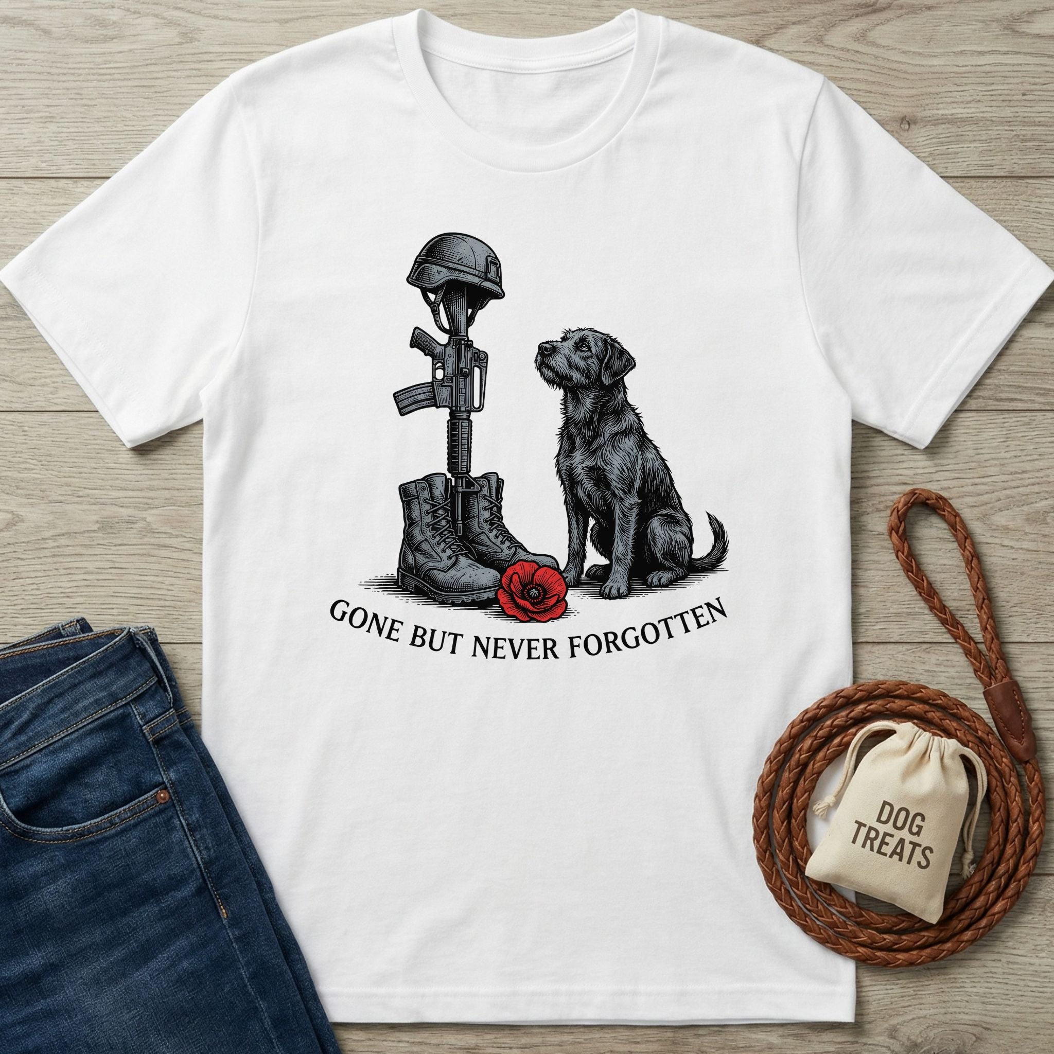 White Gildan Softstyle® t-shirt with a black rescue dog and military memorial graphic.