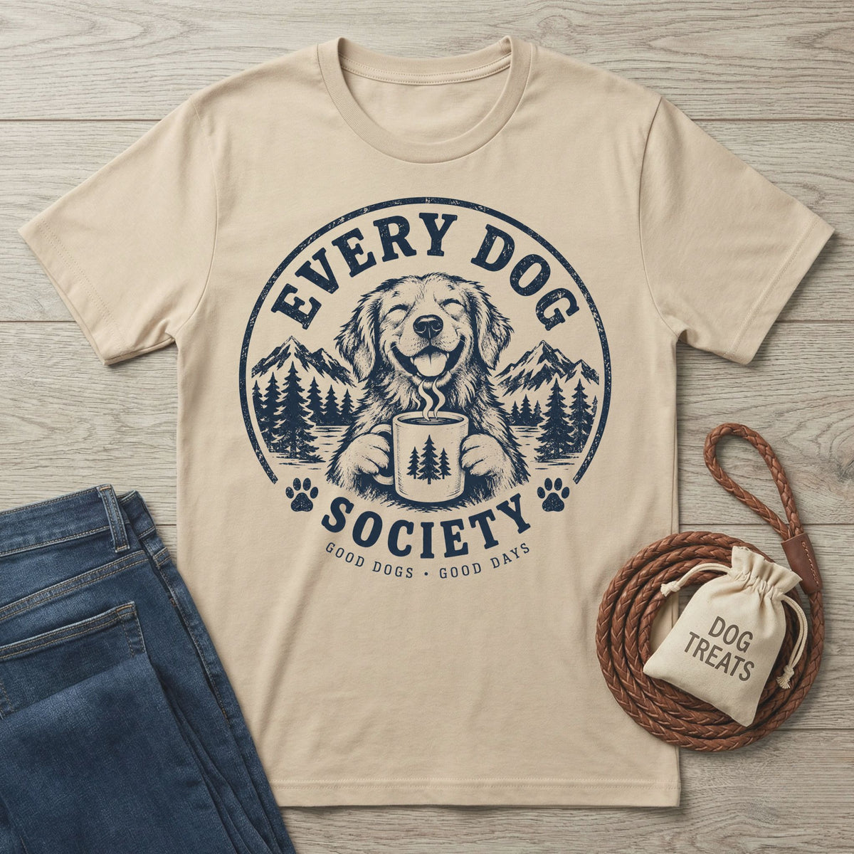 Beige crewneck t-shirt featuring a navy Every Dog Society graphic of a dog holding a coffee mug in a mountain landscape.