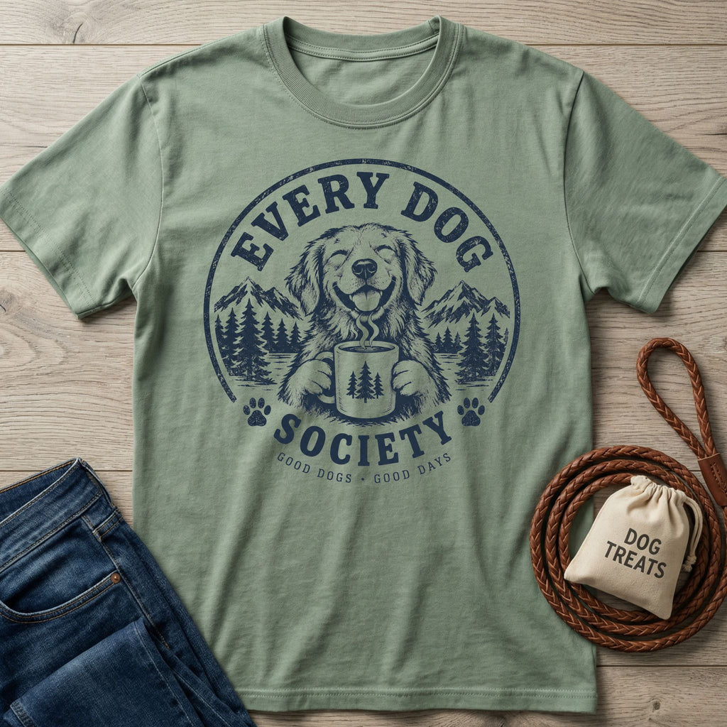 Sage green cotton crewneck t-shirt featuring a vintage-style graphic of a dog holding a coffee mug in a mountain forest.