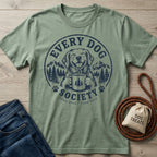 Sage green cotton crewneck t-shirt featuring a vintage-style graphic of a dog holding a coffee mug in a mountain forest.